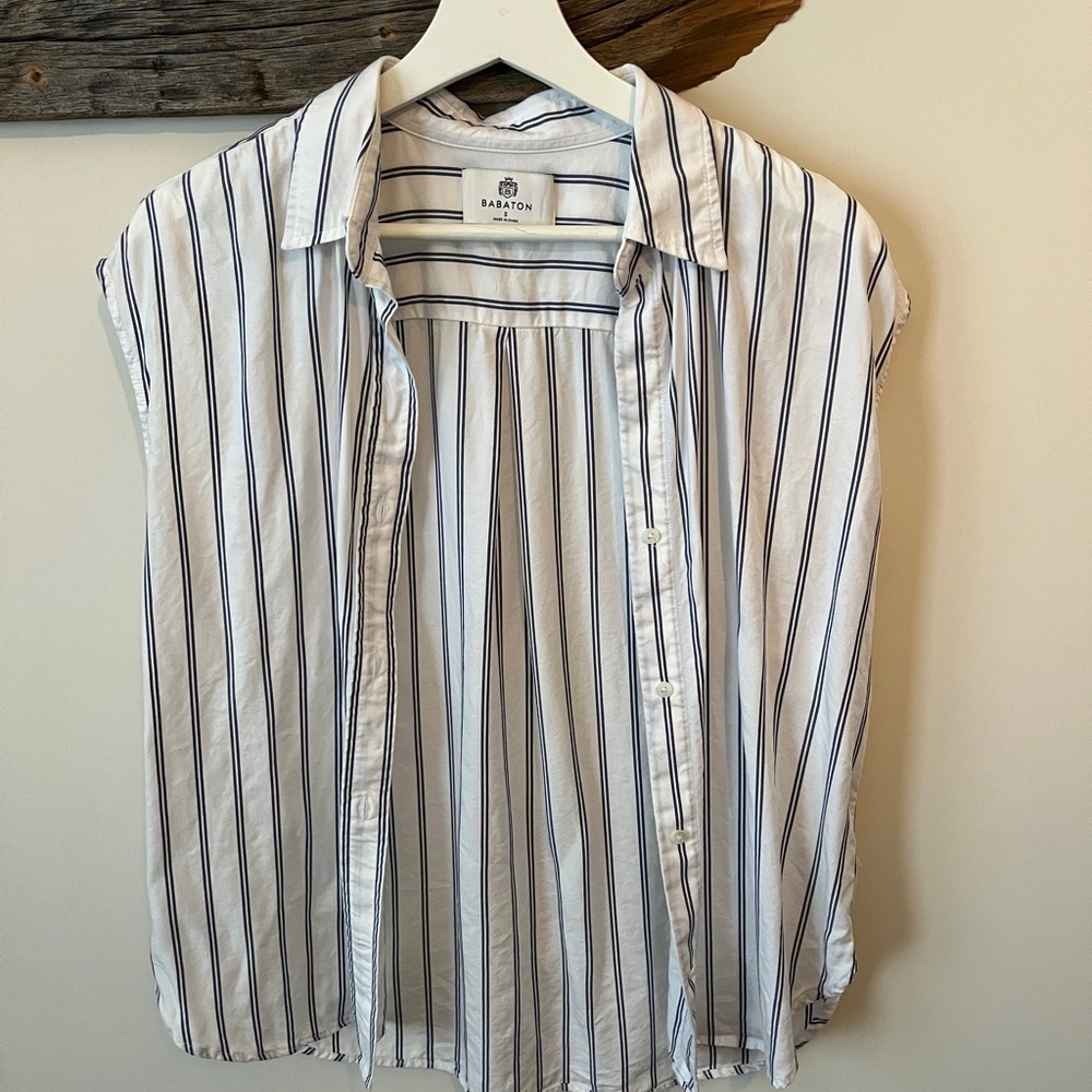 Aritzia Babaton White Button-Down Shirt with Navy Stripes
